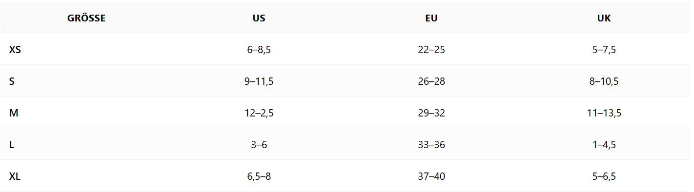 Gr��entabelle Smartwool Socken Kinder: 